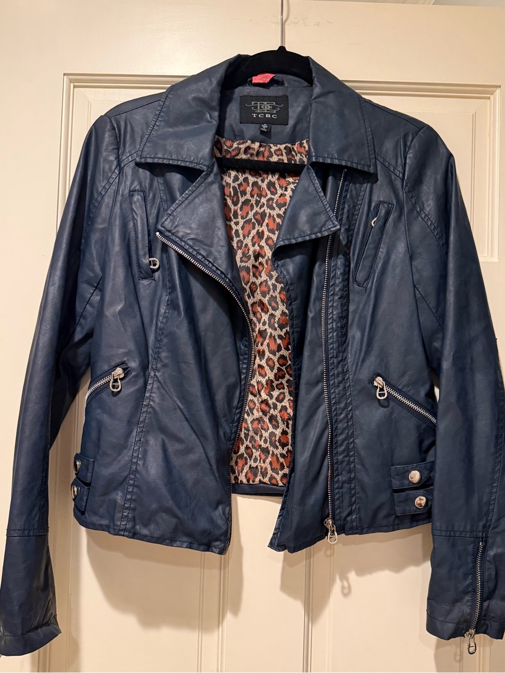 TCEC Navy Faux Leather Moto Jacket with Leopard Lining